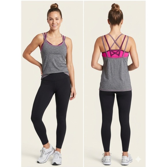 Athleta Tops - ATHLETA Strappy Built-In Bra Tank Top Heathered Gray Pink Purple Size L Medium